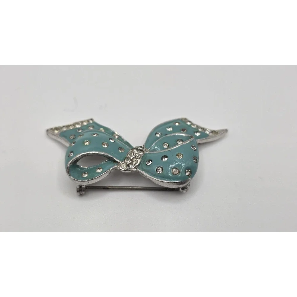 Vintage Silver Tone Blue Enamel Bow Brooch Rhinestone Statement Piece
